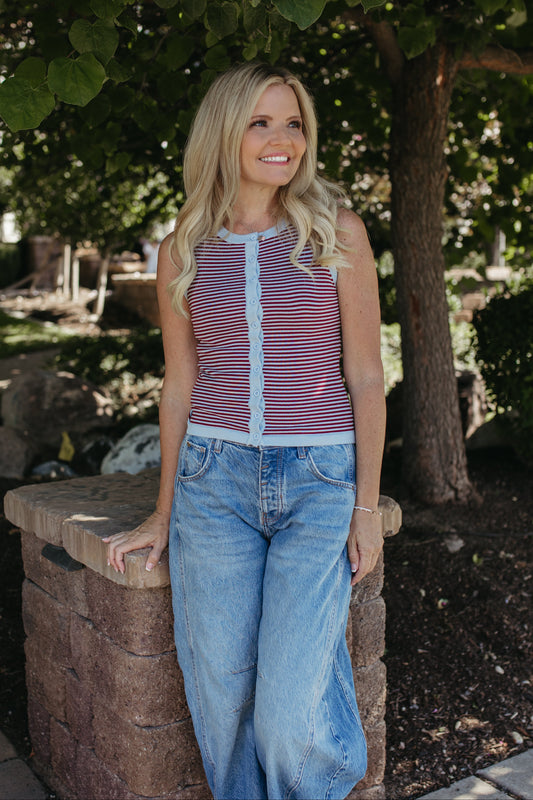 THE LORETTA STRIPE SLEEVELESS BUTTON SWEATER IN LIGHT BLUE