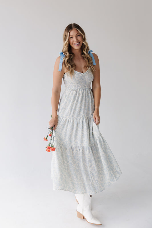 THE SHAYLA RIBBON STRAP MAXI DRESS IN BLUE FLORAL