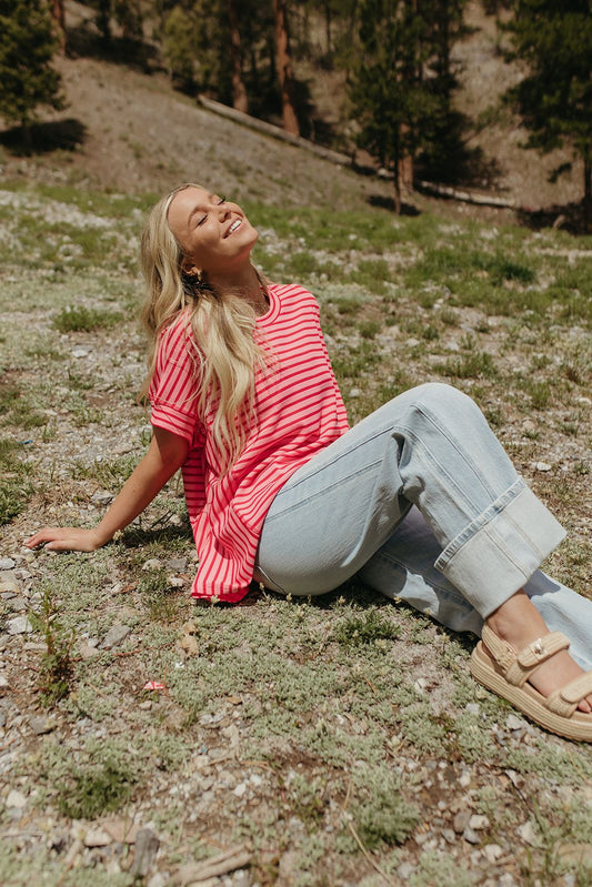 THE HAVEN STRIPED WAFFLE SHIRT IN PINK