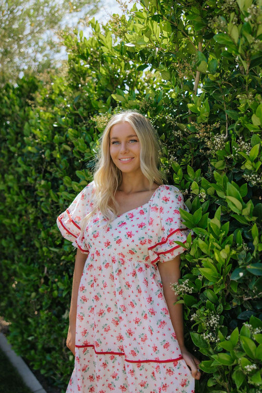 THE RAYNE FLORAL BUBBLE SLEEVE MAXI DRESS IN RED