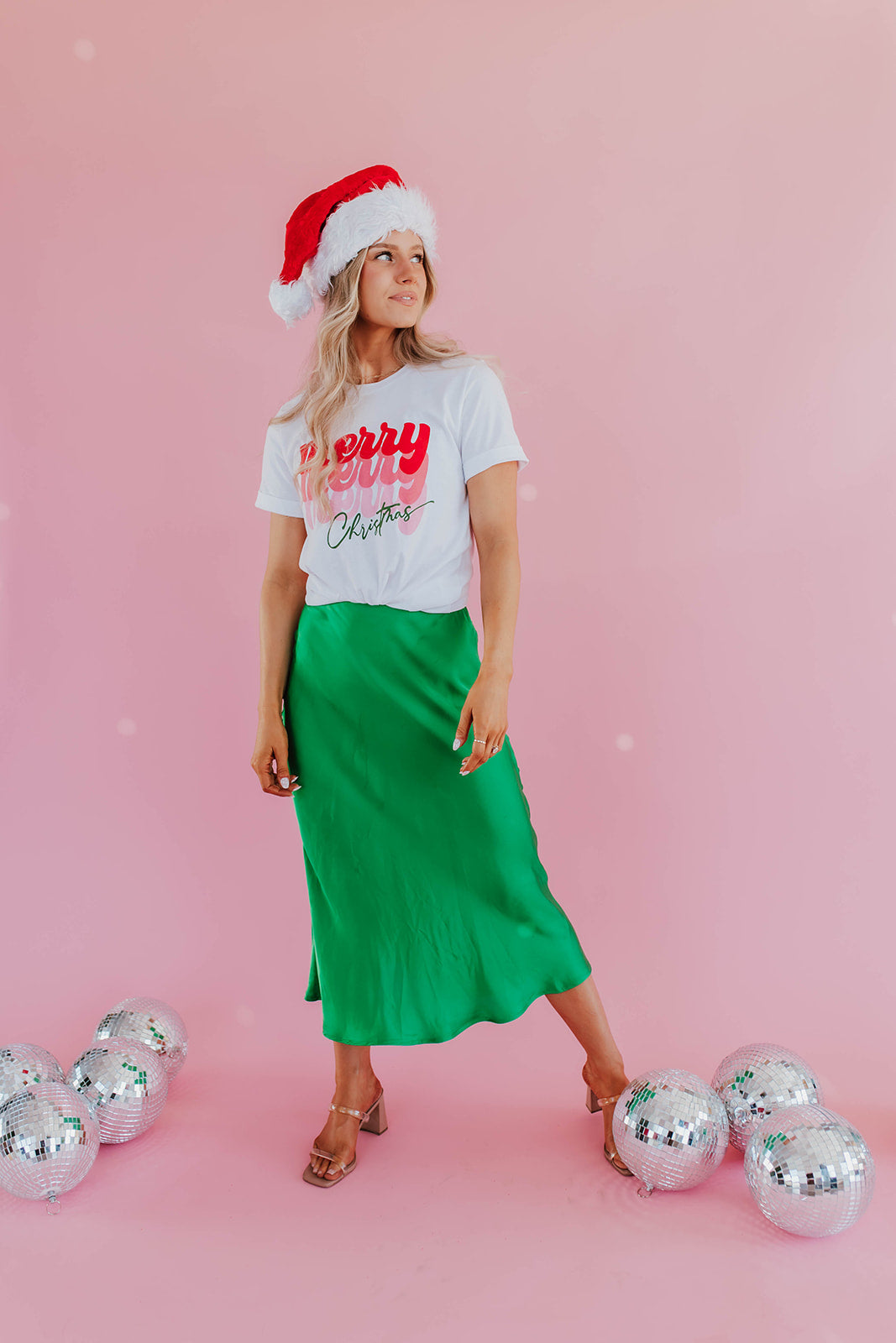 THE MISTLETOE SATIN MIDI SKIRT IN EMERALD GREEN