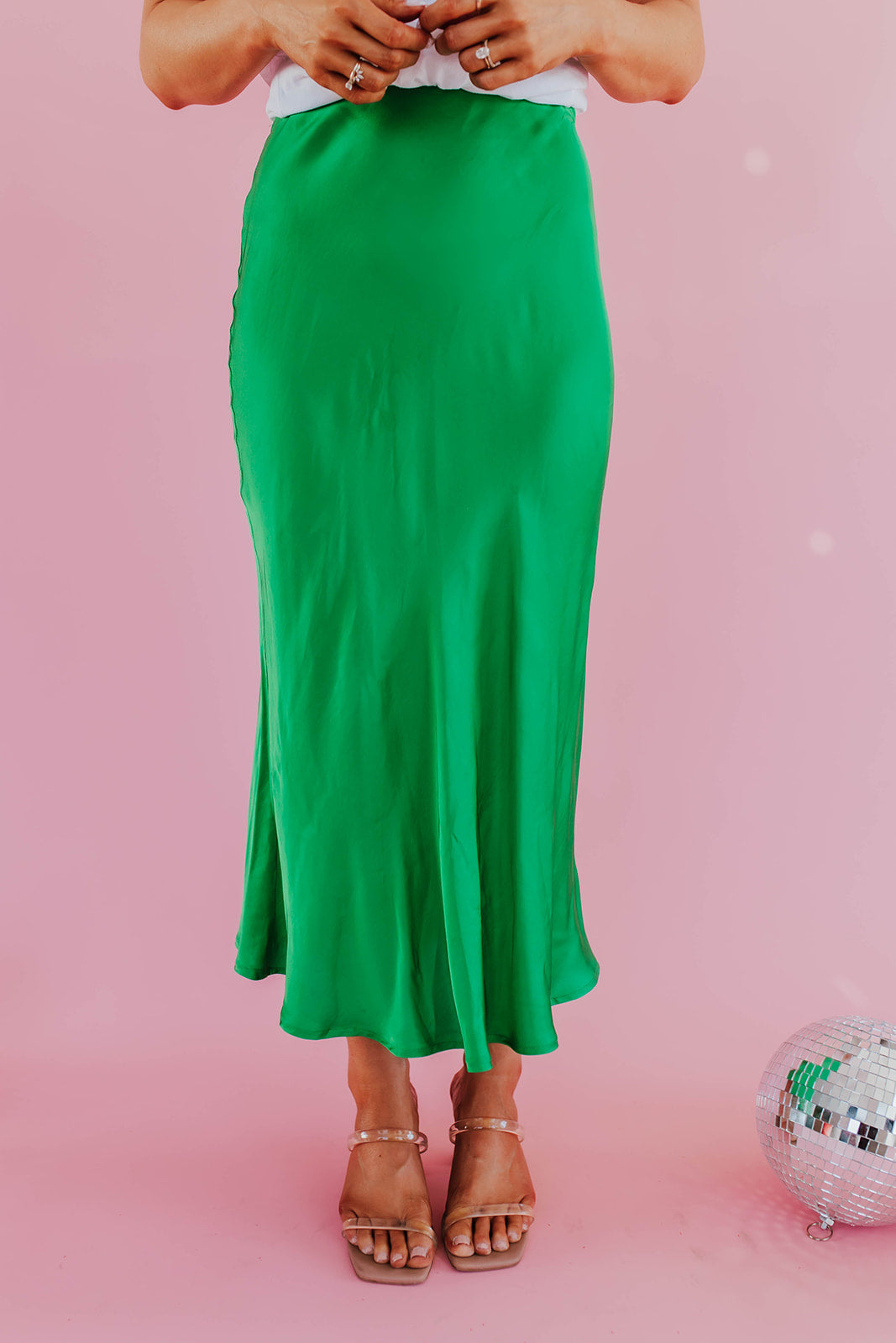 THE MISTLETOE SATIN MIDI SKIRT IN EMERALD GREEN