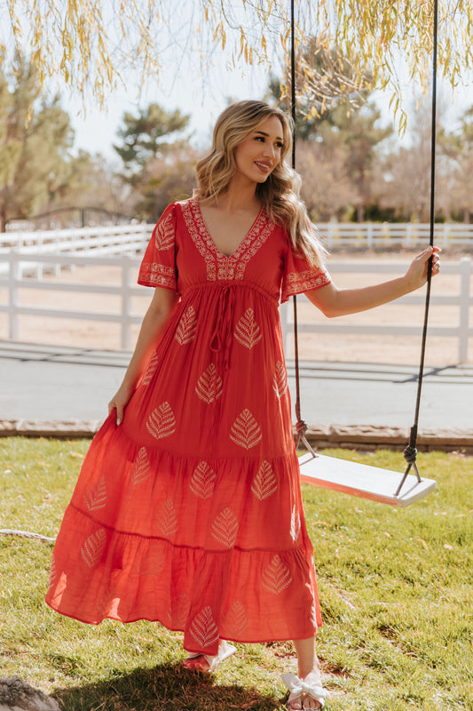 THE RAYLEIGH EMBROIDERED MAXI DRESS IN RED