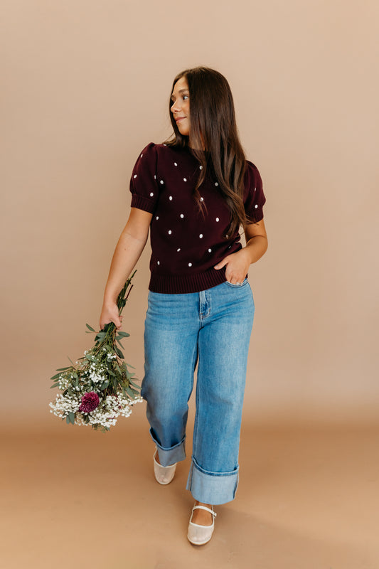 THE PEYTON POLKA DOT SWEATER IN PLUM