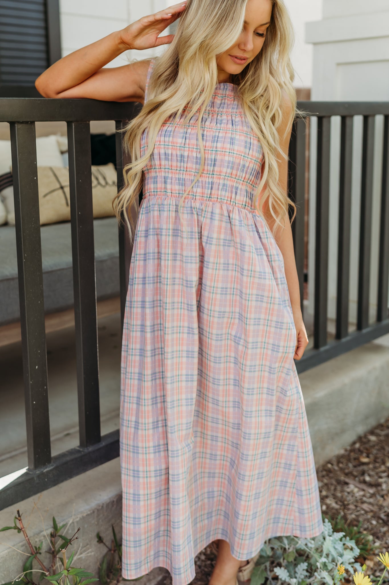 THE SAVANNAH SMOCKED PLAID DRESS IN CORAL Large
