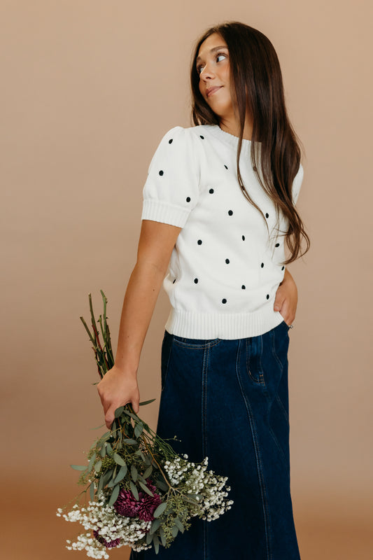 THE PEYTON POLKA DOT SWEATER IN IVORY