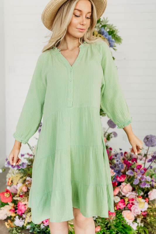 THE MAGGIE BUTTON DOWN MINI DRESS IN SAGE