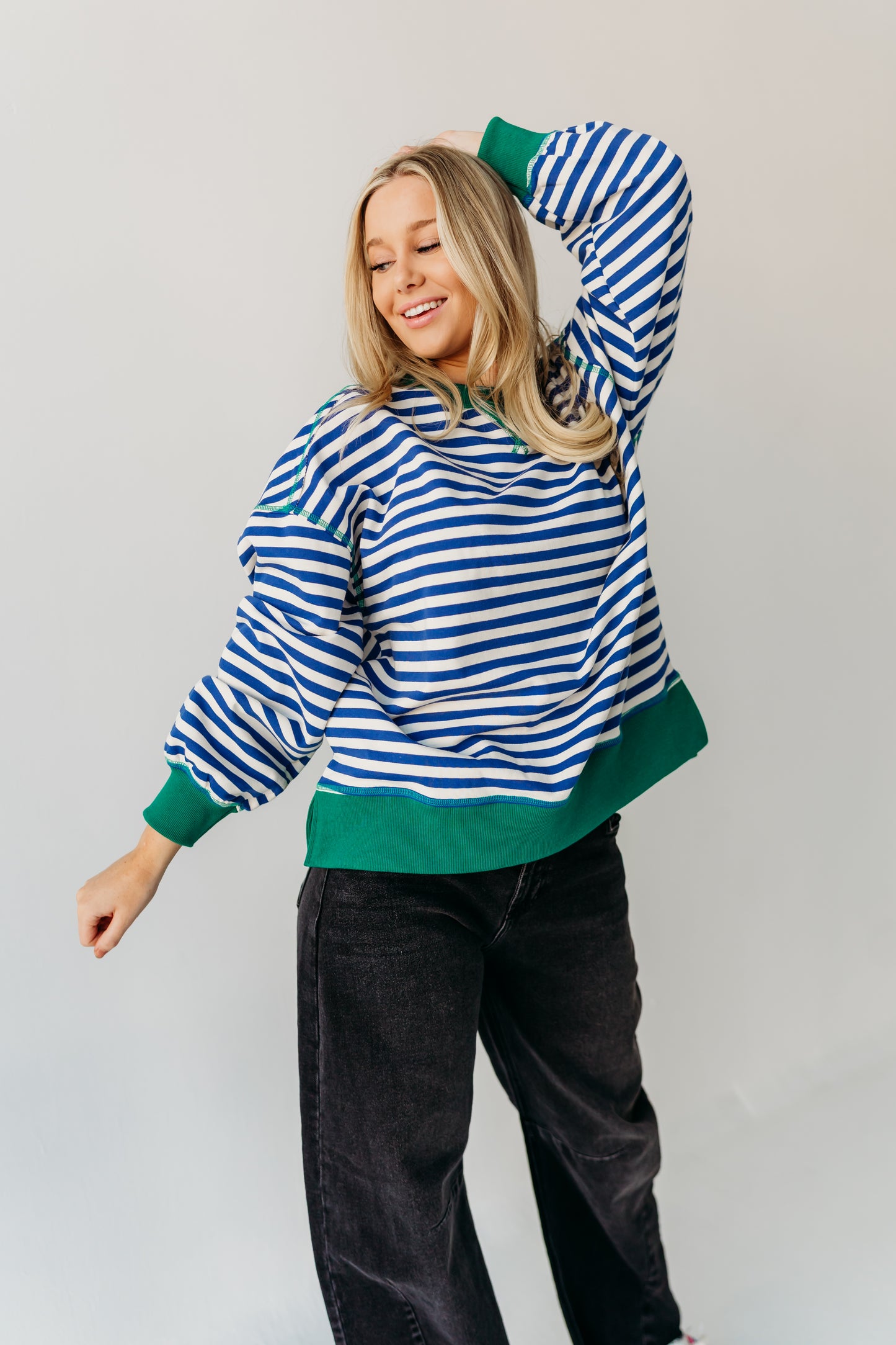 THE HAIDEN OVERSIZED STRIPED CREW IN BLUE