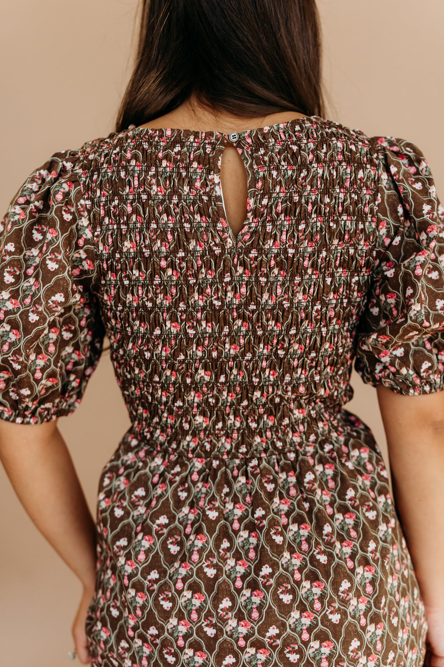 THE MAXINE SMOCKED FLORAL MAXI IN MOCHA