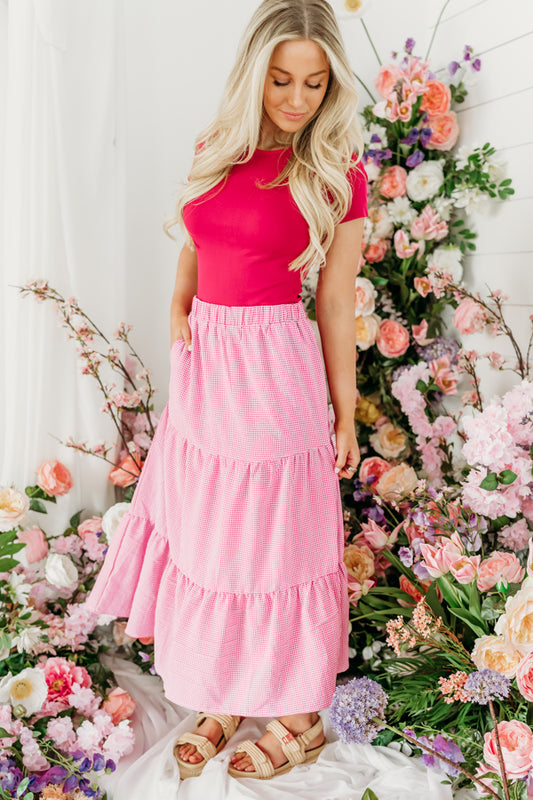 THE GOLDIE GINGHAM MAXI SKIRT IN BUBBLE PINK