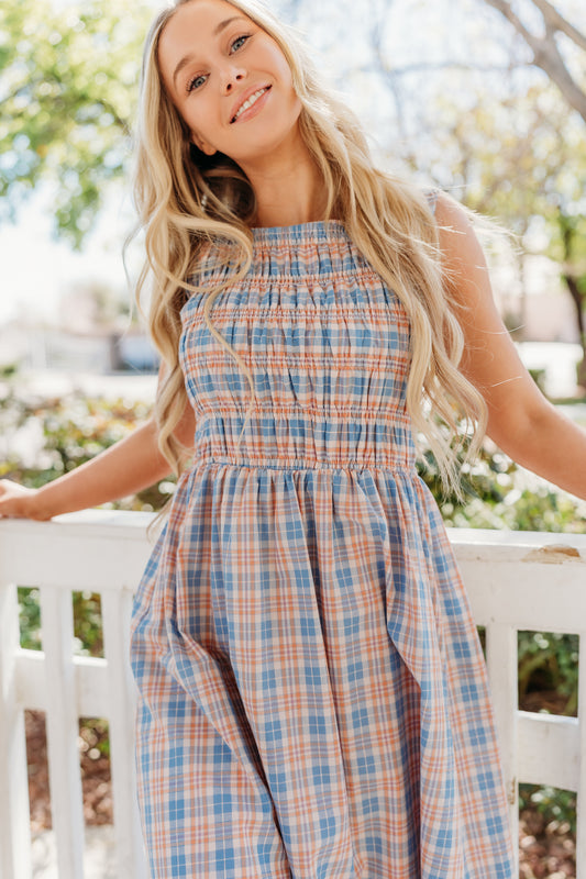 THE SAVANNAH SMOCKED PLAID DRESS IN BLUE