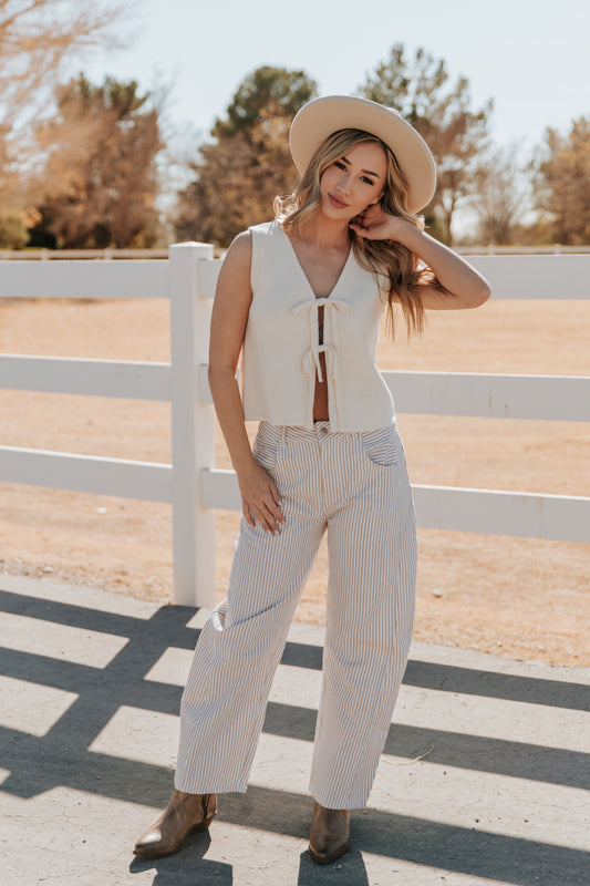 THE TORI BARREL PIN STRIPE PANTS IN TAUPE