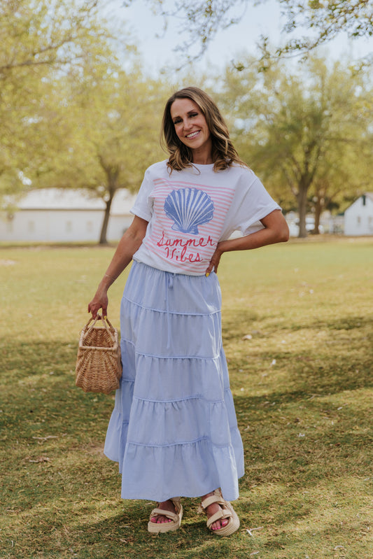 THE GRACELYN GINGHAM MIDI SKIRT IN SKY