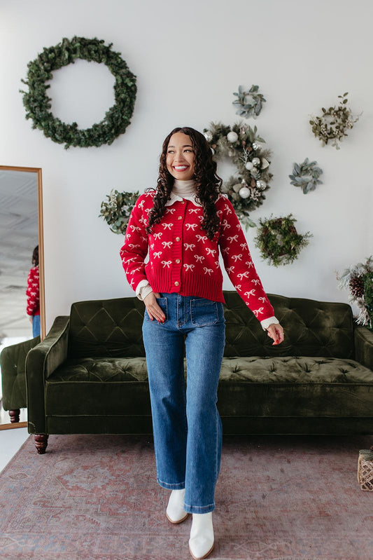 THE CLARRIE CROCHET KNIT CARDIGAN IN RED