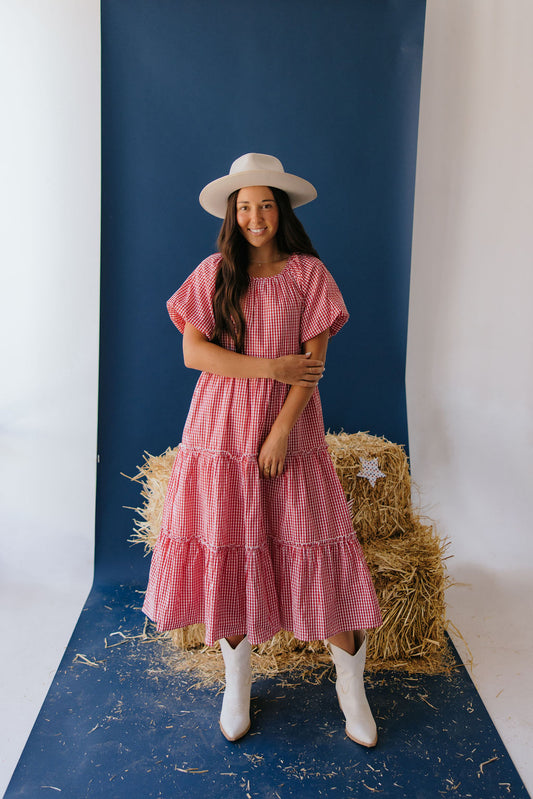 THE FENIX MIDI DRESS IN RED CHECKER