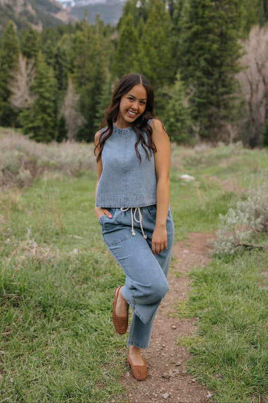 THE SOFIA BUTTON DOWN BACK DENIM TOP