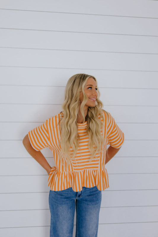 THE FRENCHIE STRIPE TERRY TOP IN TANGERINE