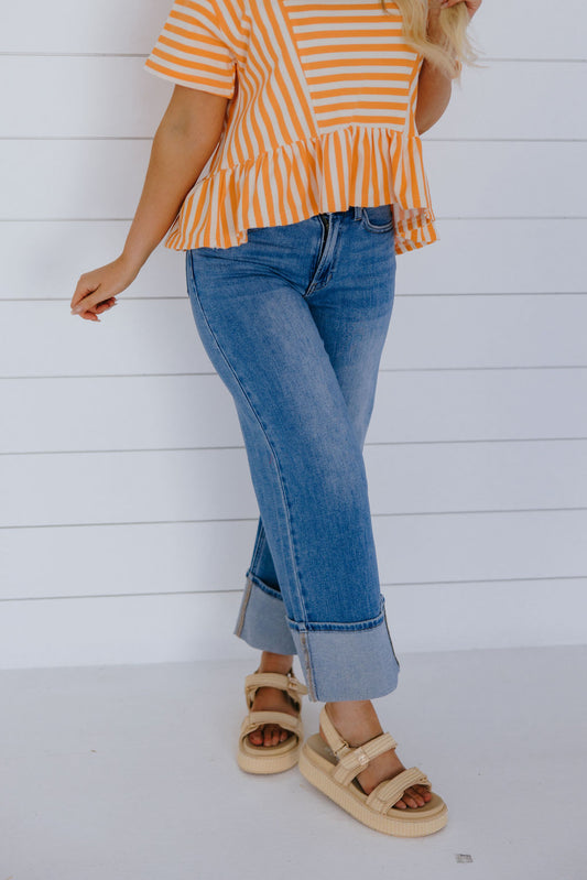 JBD PETITE CUFFED WIDE LEG JEANS IN MEDIUM DENIM