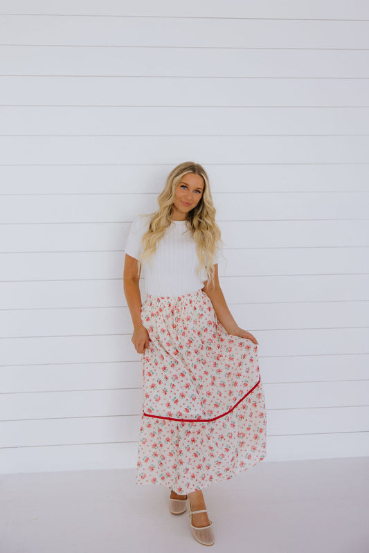 THE TAYDEN FLORAL MIDI SKIRT IN RED