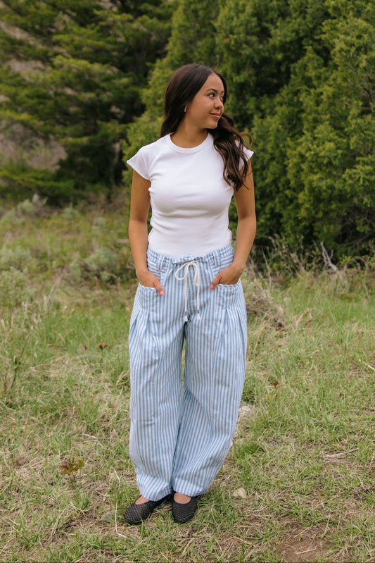 THE LENI STRIPED BARREL DENIM PANTS IN BLUE