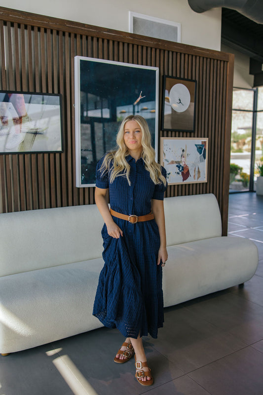 THE KATRINA BUTTON DOWN MIDI DRESS IN NAVY