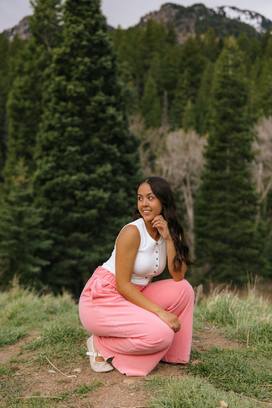 THE NORA FOLD OVER WAIST WIDE LEG SWEATPANT IN TAFFY PINK