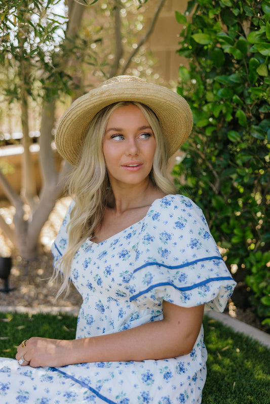 THE RAYNE FLORAL BUBBLE SLEEVE MAXI DRESS IN BLUE