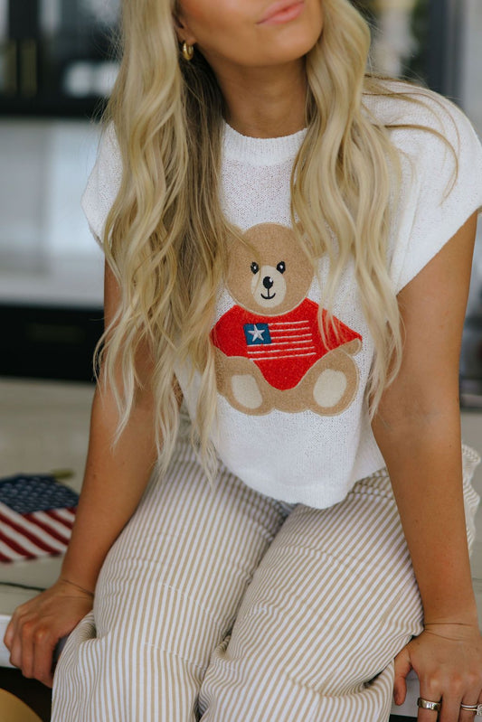 THE PATRIOTIC TEDDY BEAR SWEATER IN OFF WHITE