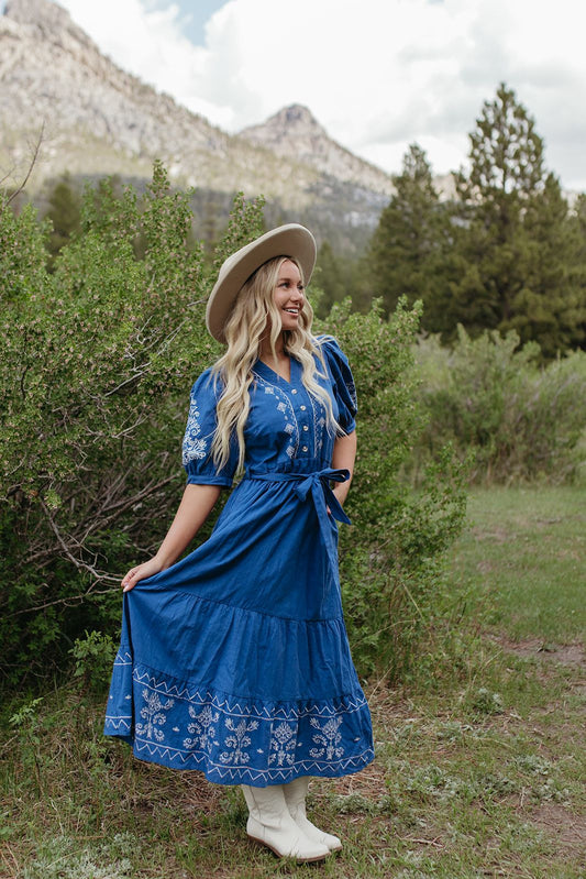THE EASTON EMBROIDERED MAXI DRESS IN BLUE
