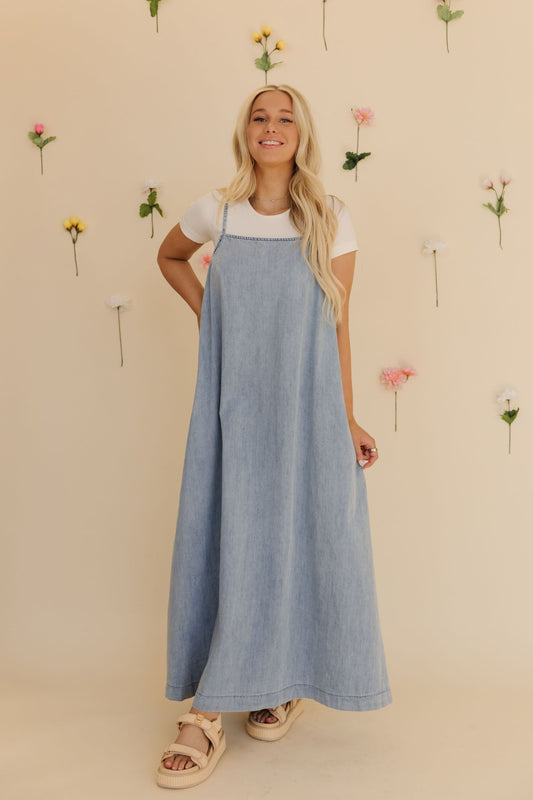 THE AUBREY DENIM MAXI DRESS IN BLUE