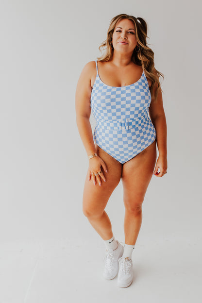 BELTED ONE PIECE IN BLUE CHECKER BY PINK DESERT