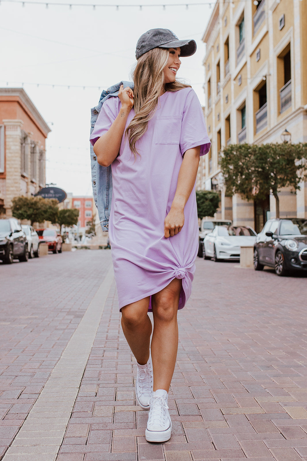 THE EASY DOES IT POCKET T-SHIRT DRESS BY PINK DESERT IN LAVENDER