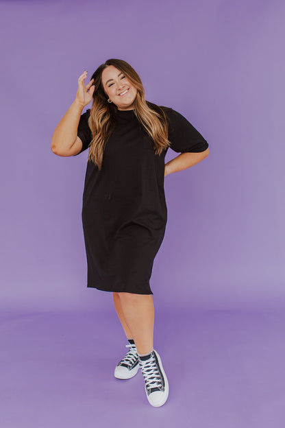 THE EASY DOES IT POCKET T-SHIRT DRESS BY PINK DESERT IN BLACK