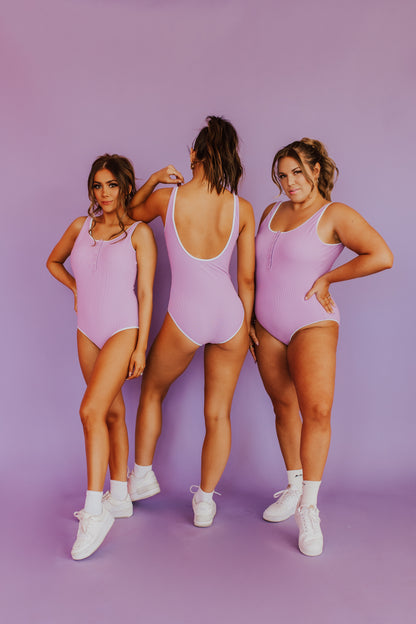 BUTTON FRONT ONE PIECE IN RIBBED LAVENDER BY PINK DESERT