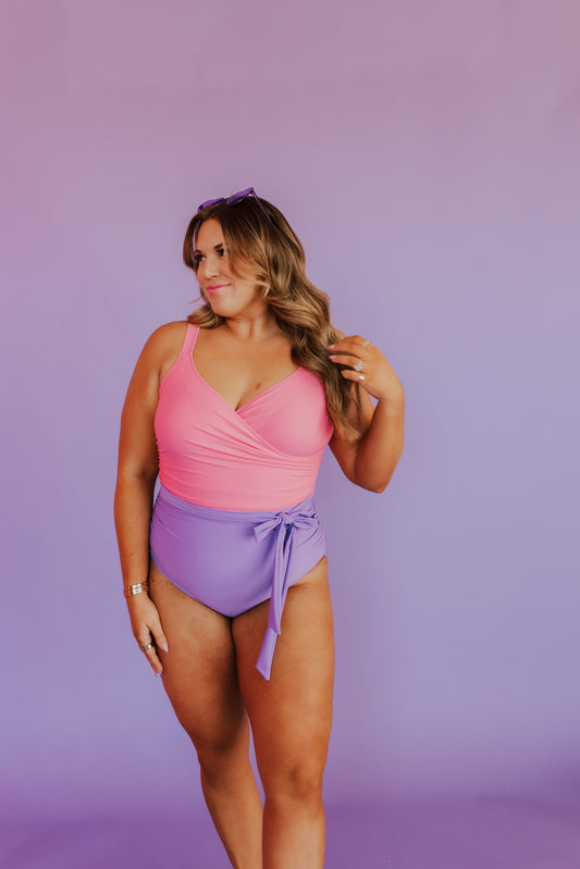 SARAH WRAP ONE PIECE IN BUBBLEGUM COLOR BLOCK BY PINK DESERT