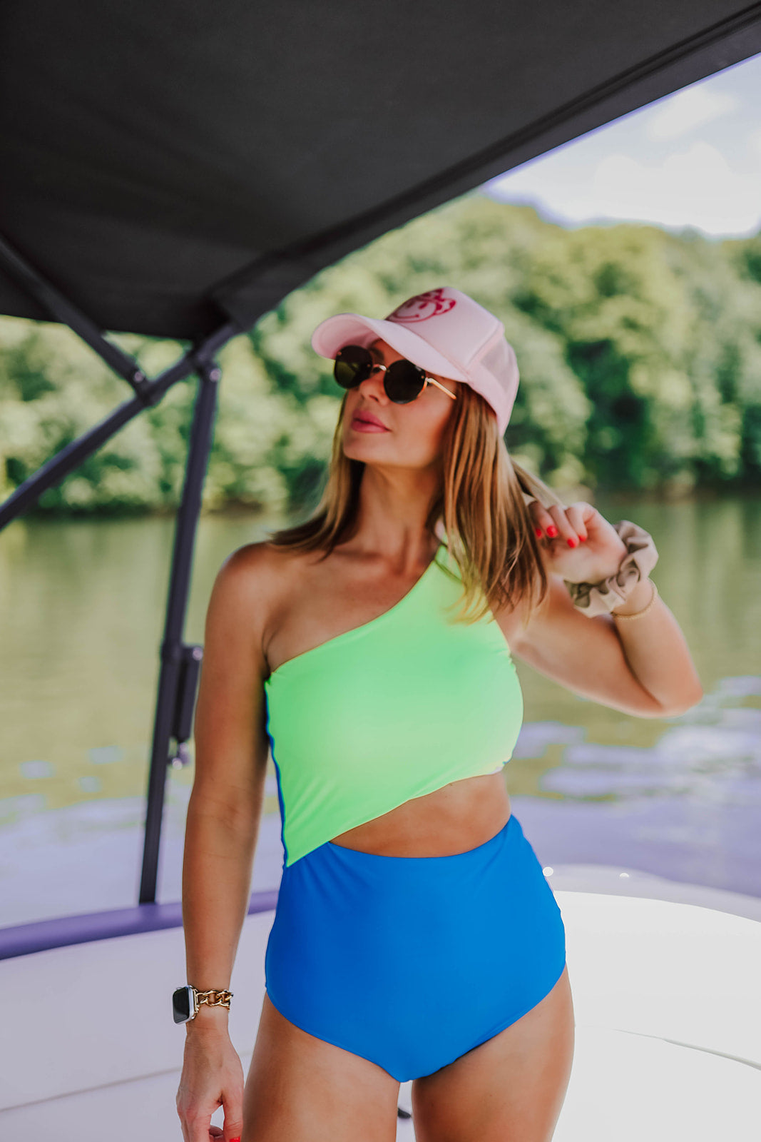 RILEY CUT OUT ONE PIECE IN NEON BLUE AND GREEN COLOR BLOCK BY BETSY  MIKESELL X PINK DESERT