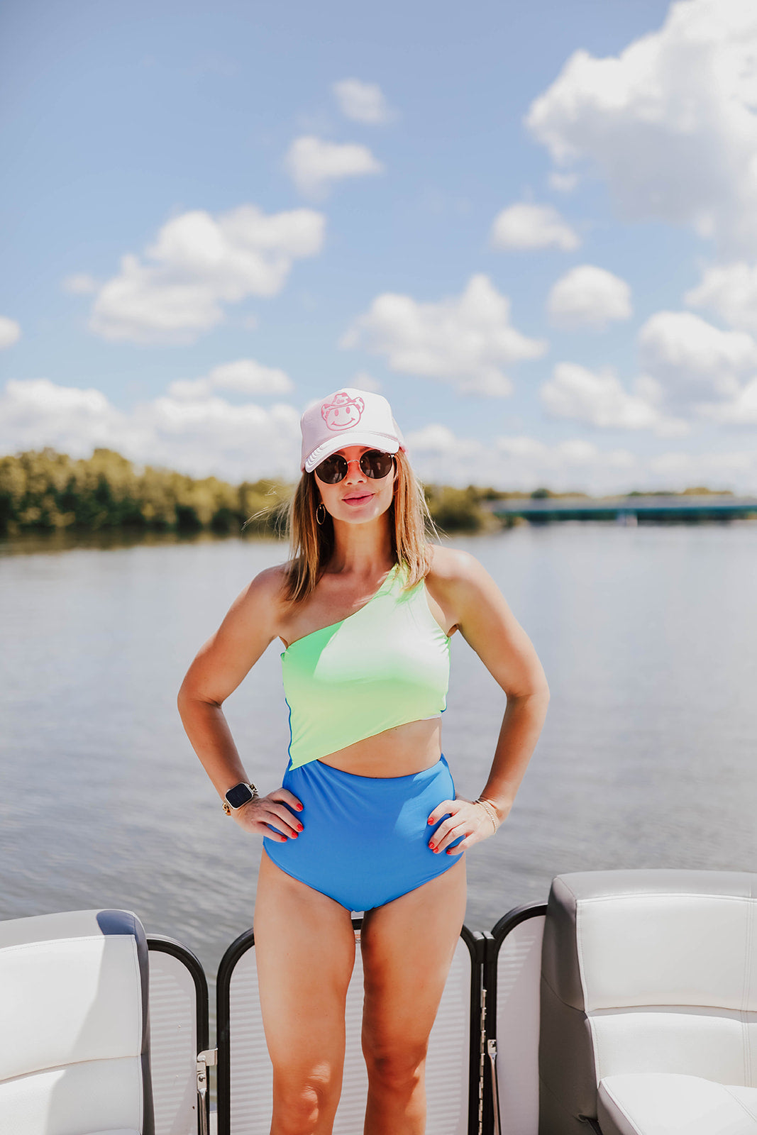 RILEY CUT OUT ONE PIECE IN NEON BLUE AND GREEN COLOR BLOCK BY BETSY  MIKESELL X PINK DESERT