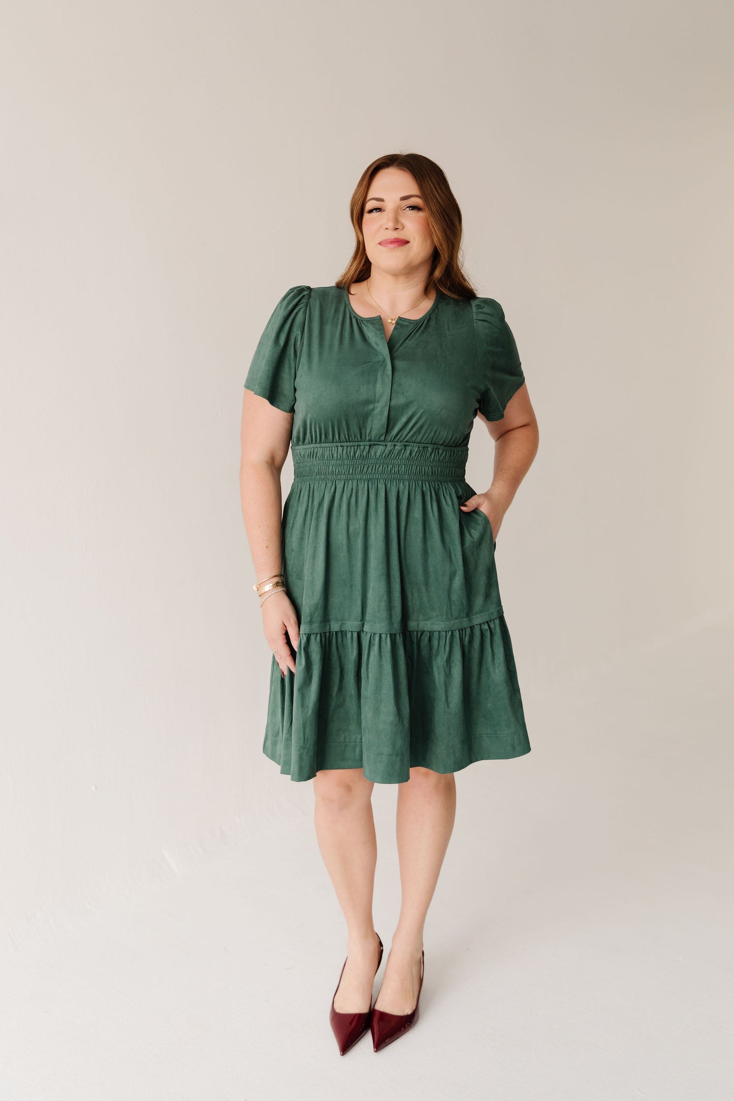 THE JASMINE SUEDE DRESS IN HUNTER GREEN