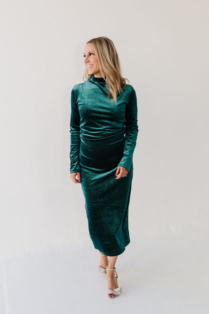 THE WHITNEY GLITTERY VELVET DRESS IN EMERALD