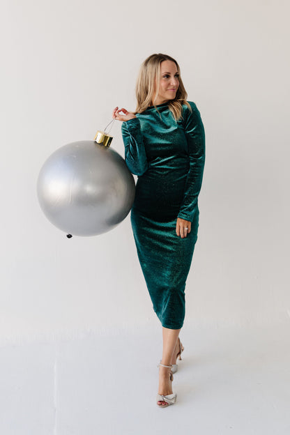 THE WHITNEY GLITTERY VELVET DRESS IN EMERALD