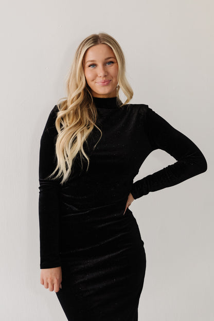 THE WHITNEY GLITTERY VELVET DRESS IN BLACK