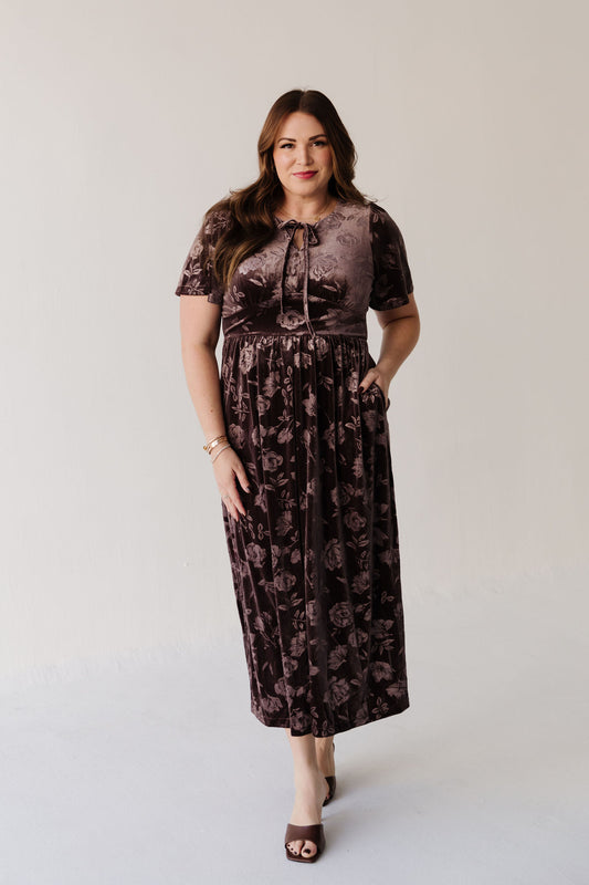 THE TIFFANY VELVET MIDI DRESS IN BROWN