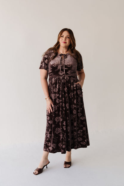 THE TIFFANY VELVET MIDI DRESS IN BROWN