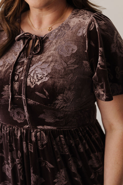 THE TIFFANY VELVET MIDI DRESS IN BROWN