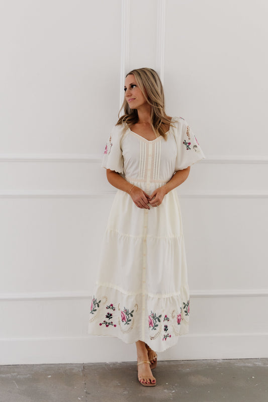 THE JAQUELINE EMBROIDERED MIDI DRESS IN CREAM