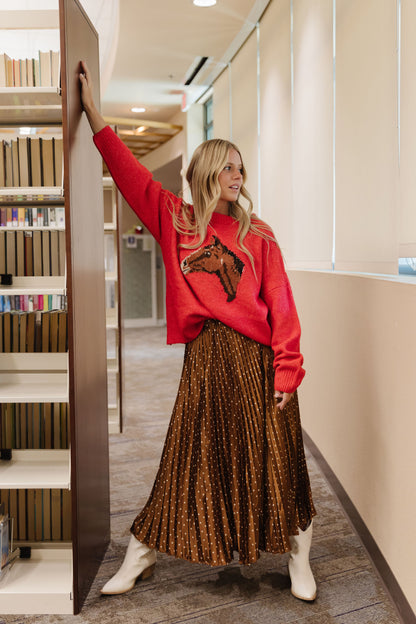 THE MAX PLEATED POLKA DOT SKIRT IN MOCHA