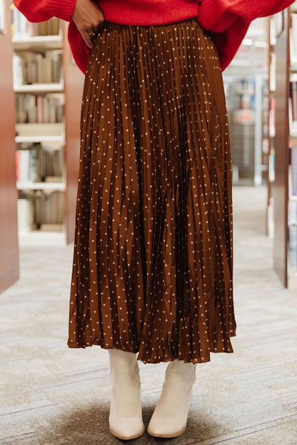 THE MAX PLEATED POLKA DOT SKIRT IN MOCHA