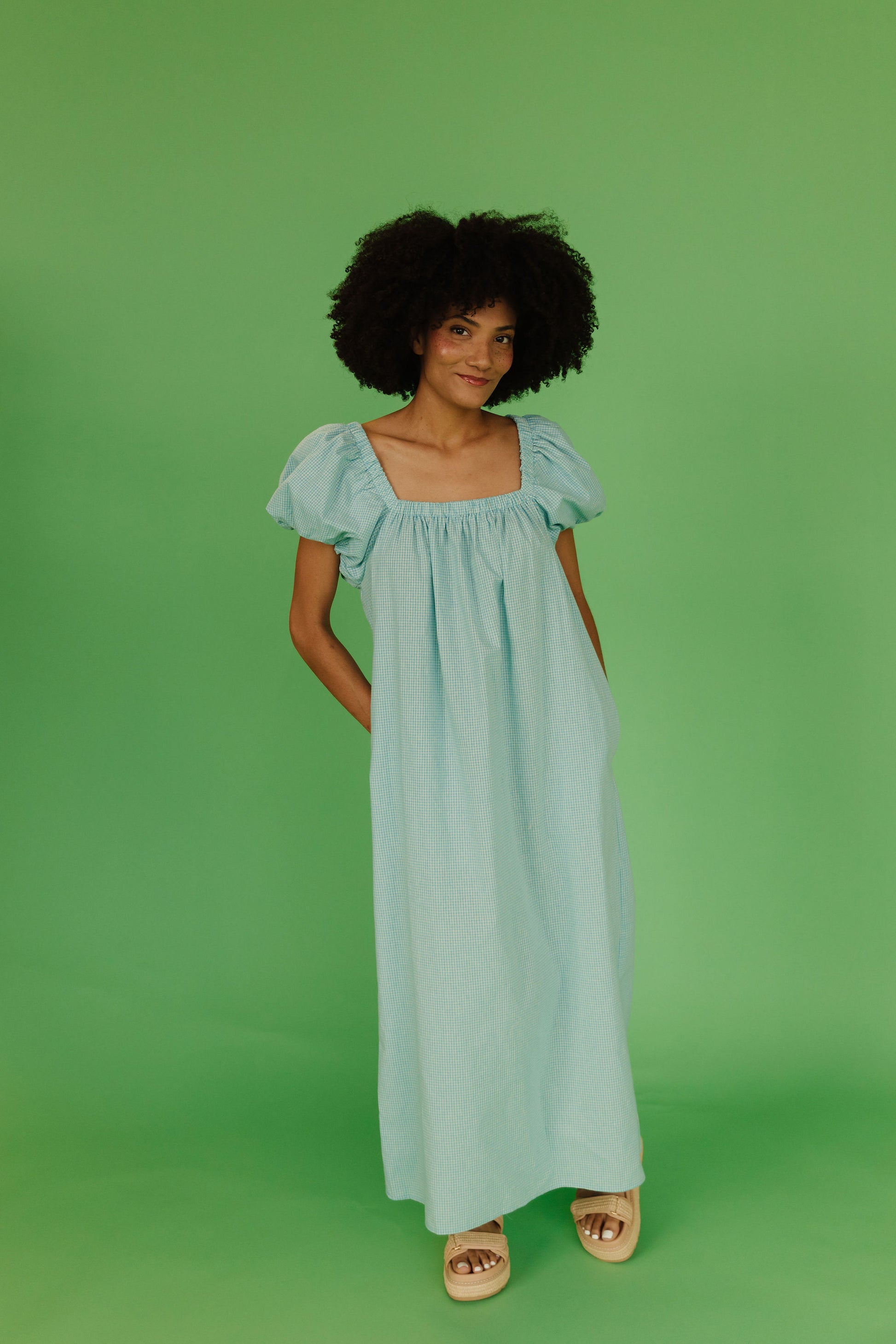 cream and turquoise dress Cream with Brown Turquoise Hostess Gown
