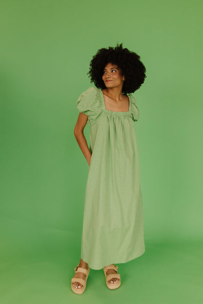 apple green dress Luvie Long Sleeve Maxi with Scarf in 2XL summer soires THE COLLINS GINGHAM DRESS IN