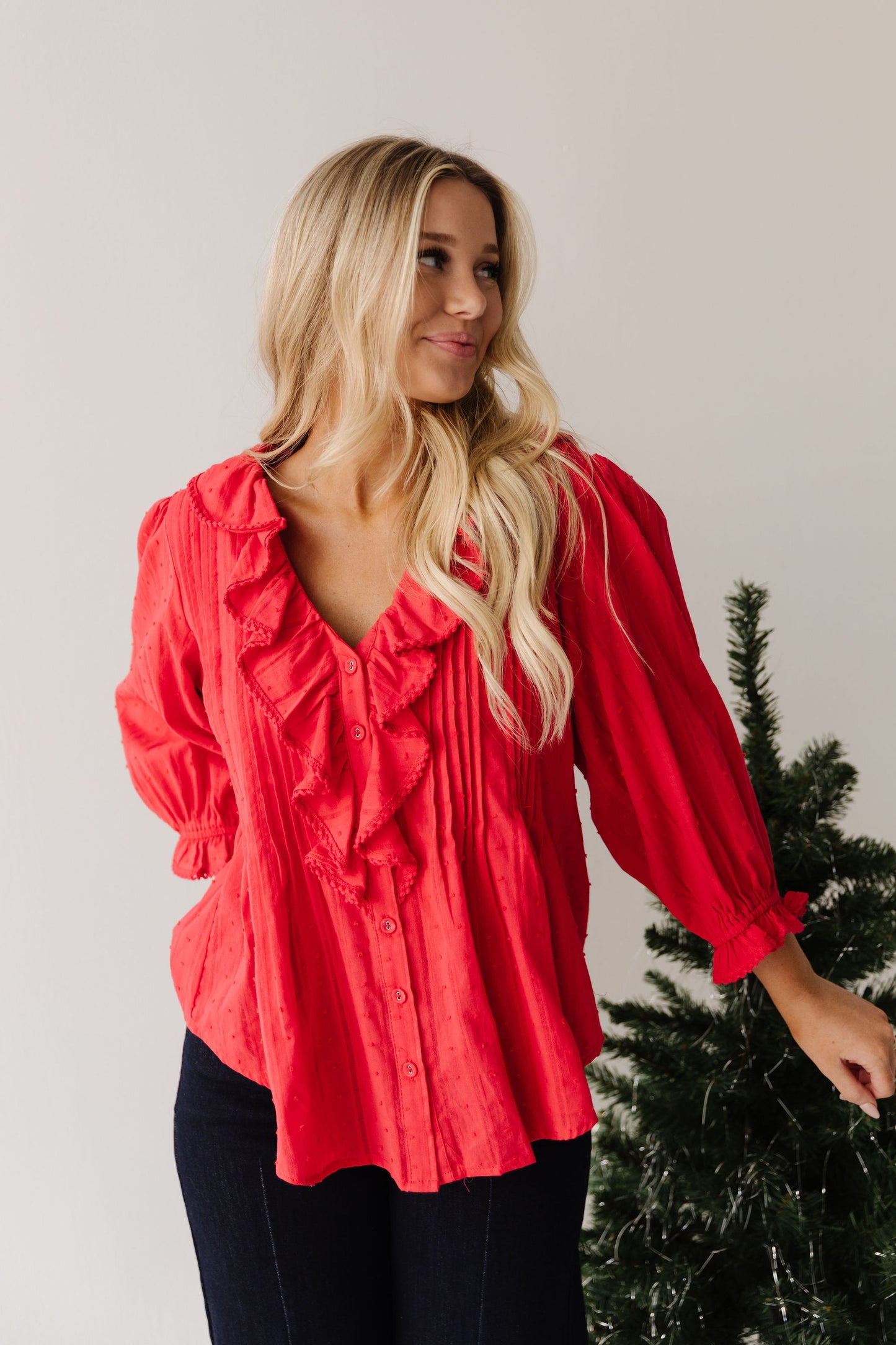 THE LIZA RUFFLED BLOUSE IN RED